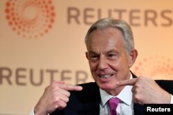 FILE - Former British Prime Minister Tony Blair speaks at a Reuters Newsmaker event in London, Nov. 25, 2019.