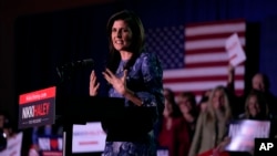 Republican presidential candidate former UN Ambassador Nikki Haley addresses supporters during a New Hampshire Primary night rally, in Concord, N.H., Jan. 23, 2024.
