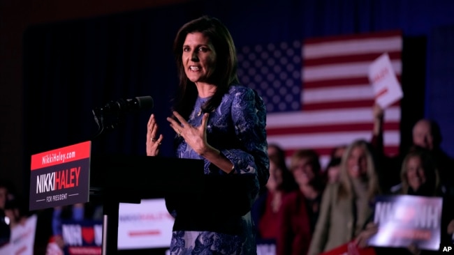 Republican presidential candidate former UN Ambassador Nikki Haley addresses supporters during a New Hampshire Primary night rally, in Concord, N.H., Jan. 23, 2024.