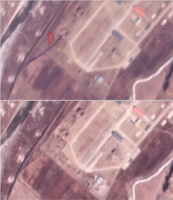 16일(아래)과 17일 북한 의주 비행장 서쪽 입구 부근을 비교한 사진. 자료=Planet Labs