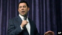 FILE - Rep. Jason Chaffetz speaks during a town hall meeting in Cottonwood Heights, Utah, Feb. 9, 2017.