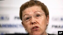 FILE - Russian lawmaker Yelena Mizulina speaks during a news conference in Moscow, Russia, May 30,2011. Mizulina has used her position as the head of the Committee on Family, Women and Children to author increasingly conservative laws.