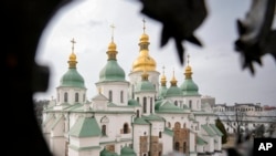 The Saint Sophia Cathedral, a UNESCO World Heritage Site is seen from a surrounding wall tower in Kyiv, Ukraine, March 26, 2022.