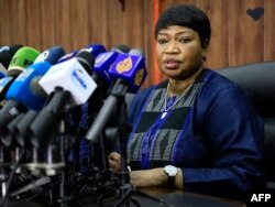 FILE -Fatou Bensouda, International Criminal Court chief prosecutor, speaks at the Ministry of Justice in the Sudanese capital of Khartoum, June 2, 2021.