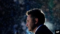 Peter Marki-Zay, leader of United For Hungary, the six-party opposition coalition, speaks during a rally in Budapest, Hungary, April 2, 2022, ahead of Sunday's election.