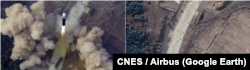 북한 관영매체가 공개한 발사 당시 사진(왼쪽)과 구글어스를 통해 확인된 실제 발사 지점. 자료=CNES Airbus / Google Earth