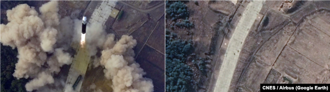북한 관영매체가 공개한 발사 당시 사진(왼쪽)과 구글어스를 통해 확인된 실제 발사 지점. 자료=CNES Airbus / Google Earth