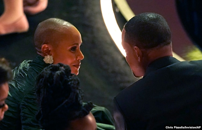 Jada Pinkett Smith, left, and Will Smith at the Oscars at the Dolby Theater on Sunday, March 27, 2022. (AP Photo/Chris Pizzello)