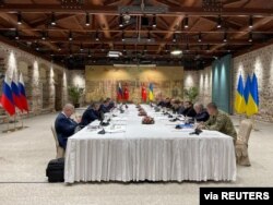 Members of the Ukrainian delegation attend the talks with Russian negotiators, as Russia's attack on Ukraine continues, in Istanbul, Turkey March 29, 2022.