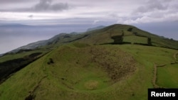 An aerial view shows a volcano crater near Velas as small earthquakes have been recorded on Sao Jorge island, Azores, Portugal, March 30, 2022.