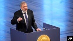 FILE - Nobel Peace Prize winner Dmitry Muratov from Russia speaks during the Nobel Peace Prize ceremony at Oslo City Hall, Norway, Dec. 10, 2021.