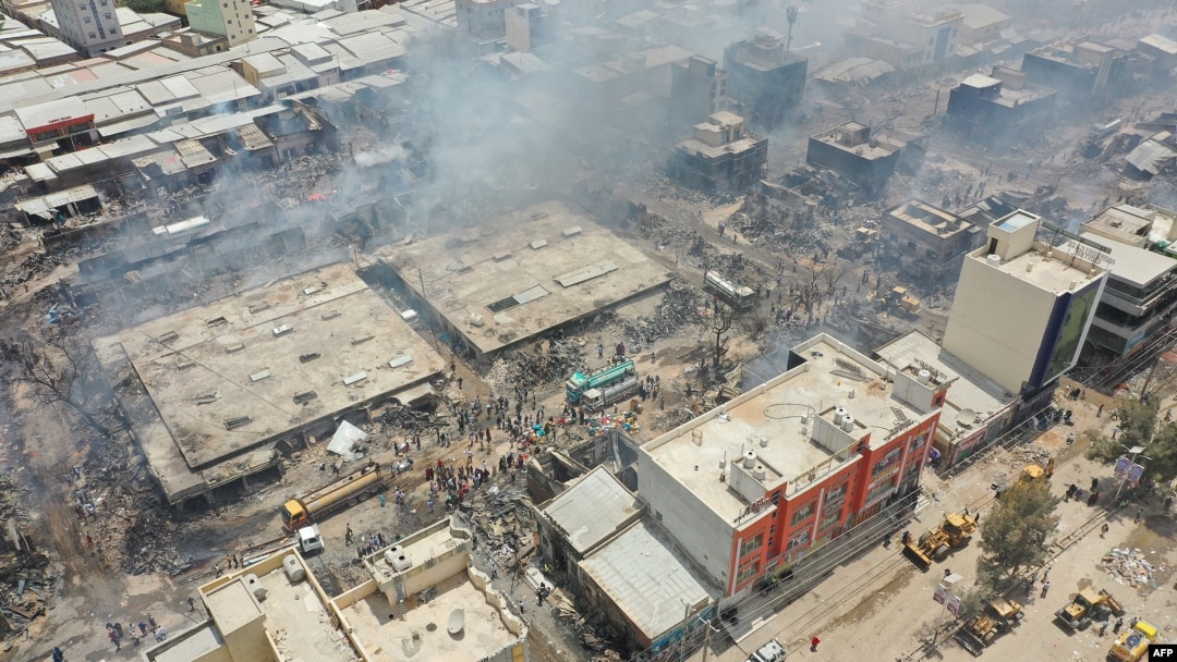 An earial view shows the aftermath of a fire that broke out at at Waheen market in Hargeisa, Somaliland, Somalia, April 2, 2022.