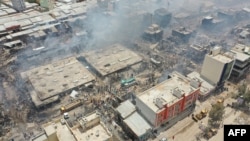 An earial view shows the aftermath of a fire that broke out at at Waheen market in Hargeisa, Somaliland, Somalia, April 2, 2022.