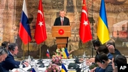 Turkish President Recep Tayyip Erdogan welcomes Russian, left, and Ukrainian delegations ahead of their talks, in Istanbul, March 29, 2022. (Ukrainian Foreign Ministry Press Service via AP)