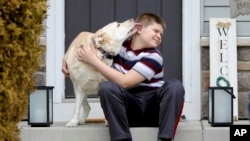 Nolan Balcitis, 12, sits with his dog, Callie, in front of his family's home in Crown Point, Ind., on March 4, 2022. Nolan was diagnosed with Type 1 diabetes six months after a mild case of COVID-19. (AP Photo/Teresa Crawford)