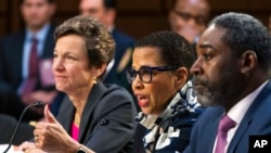 From left, D. Jean Veta, Ann Claire Williams and Joseph Drayton of the American Bar Association Standing Committee on the Federal Judiciary testify at the confirmation hearing for Supreme Court nominee Ketanji Brown Jackson, on Capitol Hill in Washington, March 24, 2022.