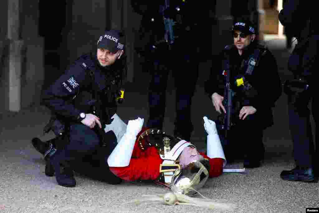 A member of the Household Cavalry lies on the ground after falling from his horse during the Changing of the Guard ceremony in London.