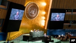 2022年3月23日，烏克蘭常駐聯合國代表謝爾蓋·基斯利茨亞在聯合國總部舉行的聯合國大會上發言。（美聯社）