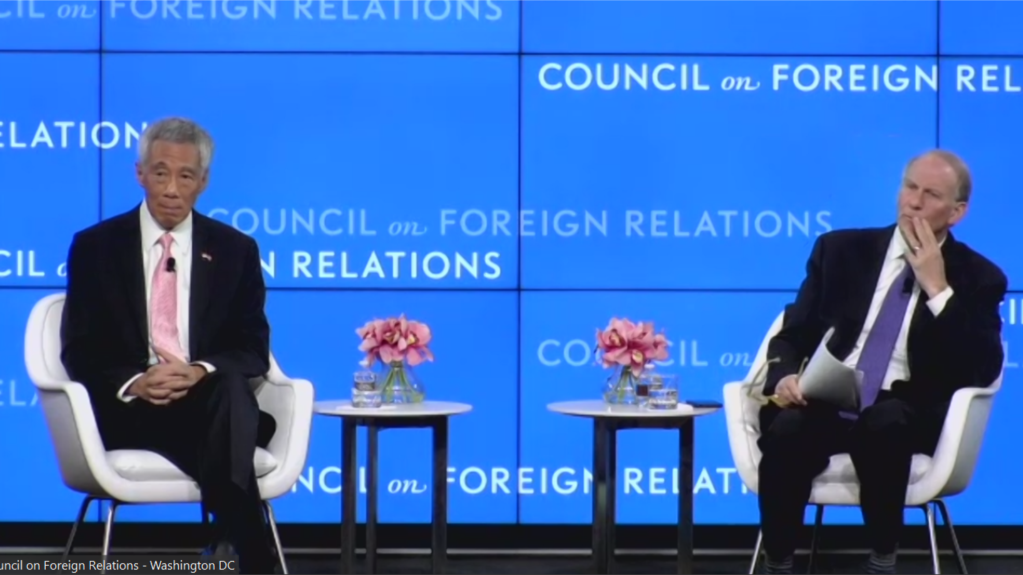 新加坡总理李显龙(Lee Hsien Loong)3月30日到美国智库外交关系协会（Council on Foreign Relations）参与会谈，寻求维护印太和平。 （视频截图）(photo:VOA)