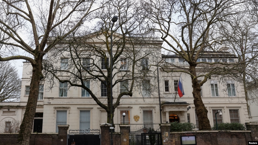 FILE - A pedestrian walks past the Russian Embassy in London, Feb. 16, 2024. 