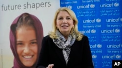 Catherine Russell, UNICEF's executive director, speaks during with the Associated Press in Kabul, Afghanistan, on February 25, 2022. (AP Photo/Hussein Malla)