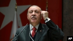 Turkey's President Recep Tayyip Erdogan addresses to his ruling party's provincial leaders in Ankara, Turkey, Nov. 17, 2017. 