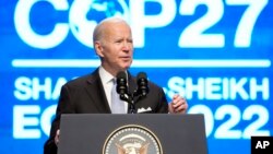 Presiden AS Joe Biden berbicara pada KTT Iklim PBB (COP27) di Sharm el-Sheikh, Mesir, Jumat 11 November 2022. Dari Mesir, Biden akan bertolak ke Phnom Penh, Kamboja untuk menghadiri KTT ASEAN. 