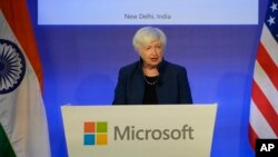 U.S. Secretary of the Treasury Janet Yellen speaks at the Microsoft India Development Center in Noida, on the outskirts of New Delhi, Nov. 11, 2022.