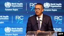 Le directeur général de l'Organisation mondiale de la santé, Tedros Adhanom Ghebreyesus, prononce un discours lors de la 72e session du Comité régional de l'OMS pour l'Europe le 12 septembre 2022.