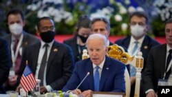 U.S. President Joe Biden speaks during the ASEAN - U.S. summit in Phnom Penh, Cambodia, Saturday, Nov. 12, 2022. (AP Photo/Vincent Thian)