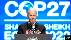 President Joe Biden speaks at the COP27 U.N. Climate Summit, Nov. 11, 2022, at Sharm el-Sheikh, Egypt. 