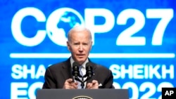 President Joe Biden speaks at the COP27 U.N. Climate Summit, Nov. 11, 2022, at Sharm el-Sheikh, Egypt. 