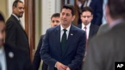 Speaker of the House Paul Ryan, R-Wis., emerges from the chamber just after key conservatives in the rebellious House Freedom Caucus helped to kill passage of the farm bill which had been a priority for GOP leaders, at the Capitol in Washington, May 18, 2018. 