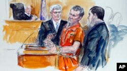 FILE- An artist rendering shows, Irek Hamidullin, front center, his attorney Robert Wagner, front left, and interpreter Ihab Samra, front right, as Judge Henry Hudson, left, listens in Federal Court in Richmond, Virginia, Nov. 7, 2014.