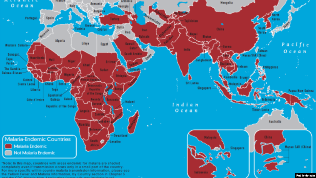 Pemetaan global malaria. WHO mencatat 80% kasus malaria ditemukan di 18 negara Afrika, dimana setengah dari kasus itu terdapat di Nigeria dan Republik Demokratik Kongo