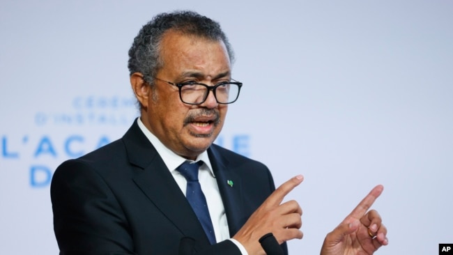 FILE - WHO Director-General Tedros Adhanom Ghebreyesus speaks during the opening of the World Health Organisation Academy in Lyon, central France, Sept. 27, 2021.