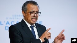 FILE - WHO Director-General Tedros Adhanom Ghebreyesus speaks during the opening of the World Health Organization Academy in Lyon, central France, Sept. 27, 2021.