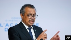 FILE - WHO Director-General Tedros Adhanom Ghebreyesus speaks during the opening of the World Health Organisation Academy in Lyon, central France, Sept. 27, 2021.