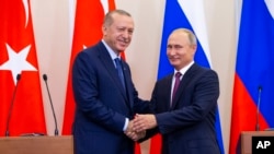 블라디미르 푸틴 러시아 대통령과(오른쪽) 레제프 타이이프 에르도안 터키 대통령이 17일 러시아 소치에서 기자회견을 가진 후 악수하고 있다. 