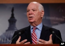 FILE - Sen. Ben Cardin, D-Md., speaks during a news conference on Capitol Hill in Washington, May 24, 2017.