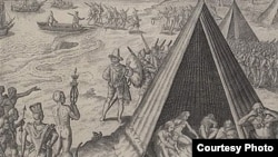 This engraving, published in 1590, depicts Sir Francis Drake’s interaction with American Indians on the U.S. West Coast 11 years earlier. (Library of Congress)