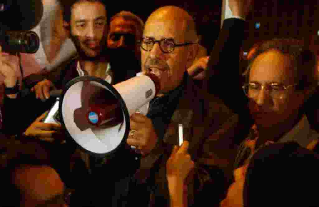 Egyptian Nobel Peace laureate and democracy advocate Mohamed ElBaradei addresses the crowd. (Khalil Hamra/AP)