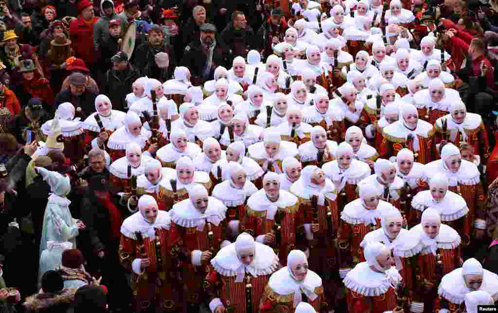 Gilles of Binche parade during the Binche carnival, a UNESCO World Heritage event in Binche, Belgium.