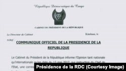 Communication officielle de la présidence de la RDC, 13 mai 2017