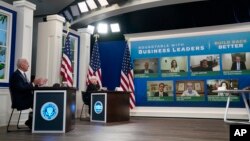 President Joe Biden speaks during a meeting with business leaders about the debt limit in the South Court Auditorium on the White House campus, Wednesday, Oct. 6, 2021, in Washington. Treasury Secretary Janet Yellen is second from left. (AP Photo/Evan Vuc