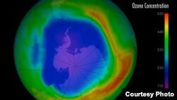 2013年南極洲臭氧層藍色擴張代表濃度續增。 （NASA's Goddard Space Flight Center)