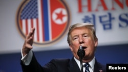 U.S. President Donald Trump gestures during a news conference after his summit with North Korean leader Kim Jong Un at the JW Marriott hotel in Hanoi, Feb. 28, 2019.