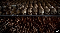 FILE - Skulls and bones of some of those killed in Rwanda's genocide are seen at a memorial shrine at a Catholic church in Ntarama, Rwanda, April 4, 2014.