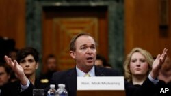 FILE - Budget Director-designate Rep. Mick Mulvaney, R-S.C., testifies on Capitol Hill in Washington, Jan. 24, 2017, at his confirmation hearing before the Senate Budget Committee. 