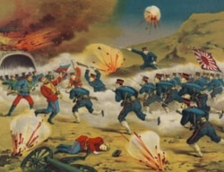 A Japanese painting from 1904 showing the Battle of the Yalu River between the forces of Japan and Russia